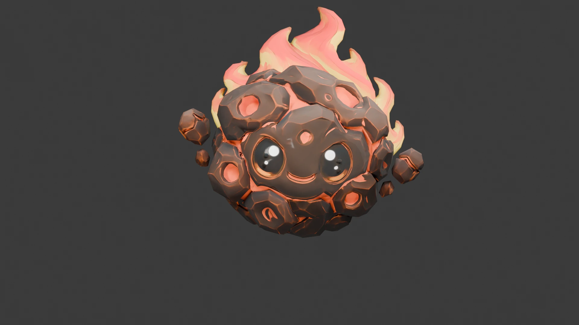 Smiling rocky meteor creature with pink flames