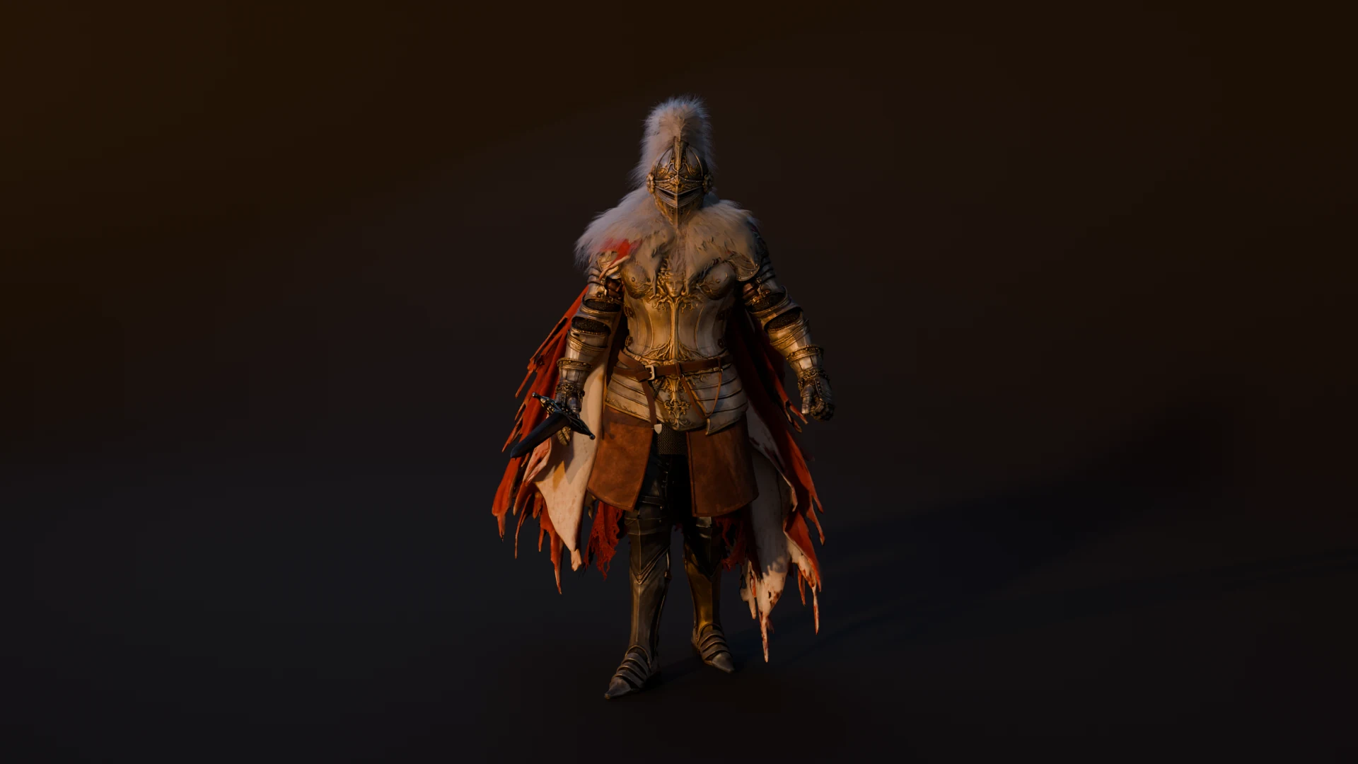 Full-body armored knight with a feathered helm and red cape