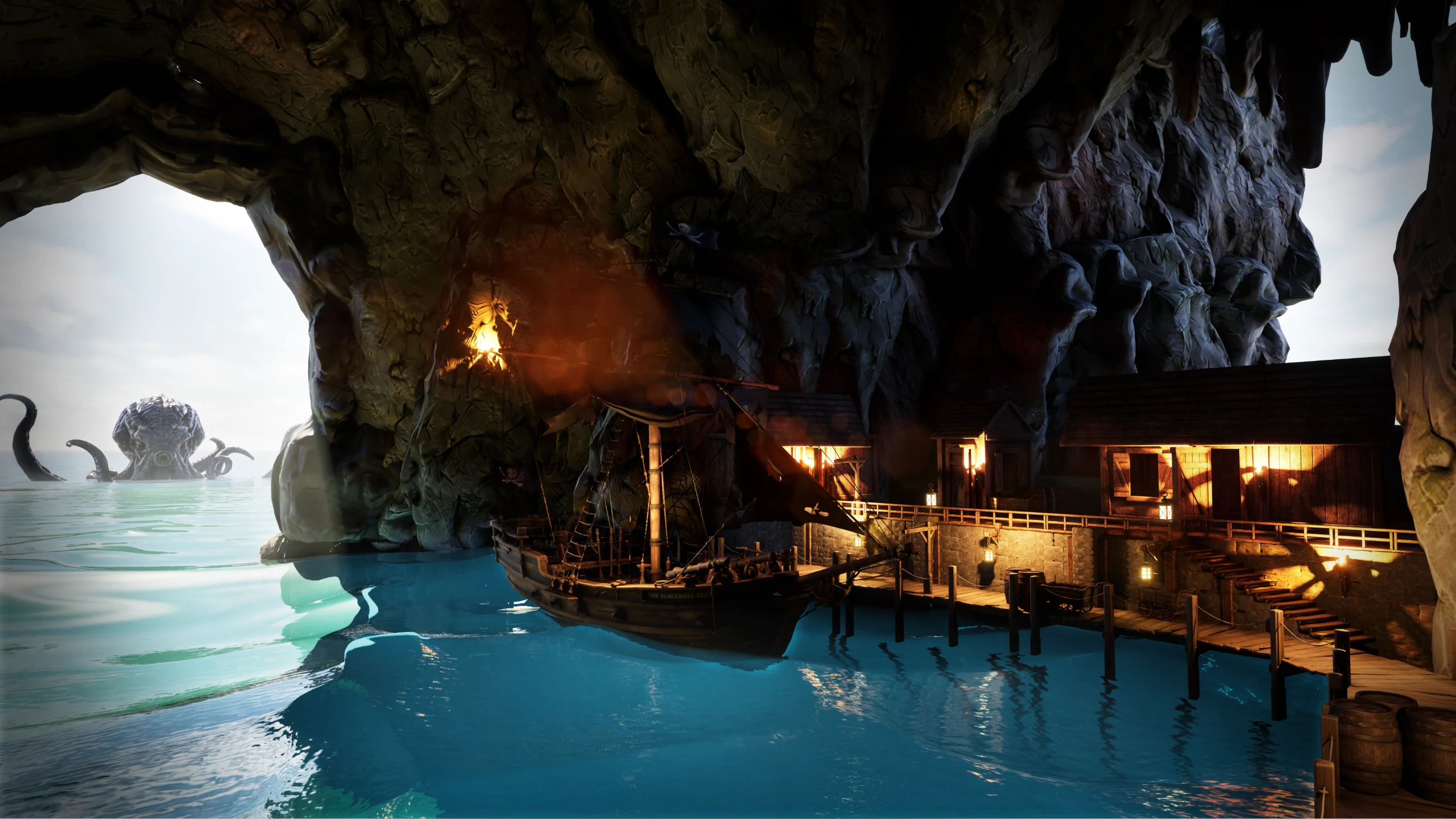 Pirate boat moored in a torchlit sea cave beside a wooden dock