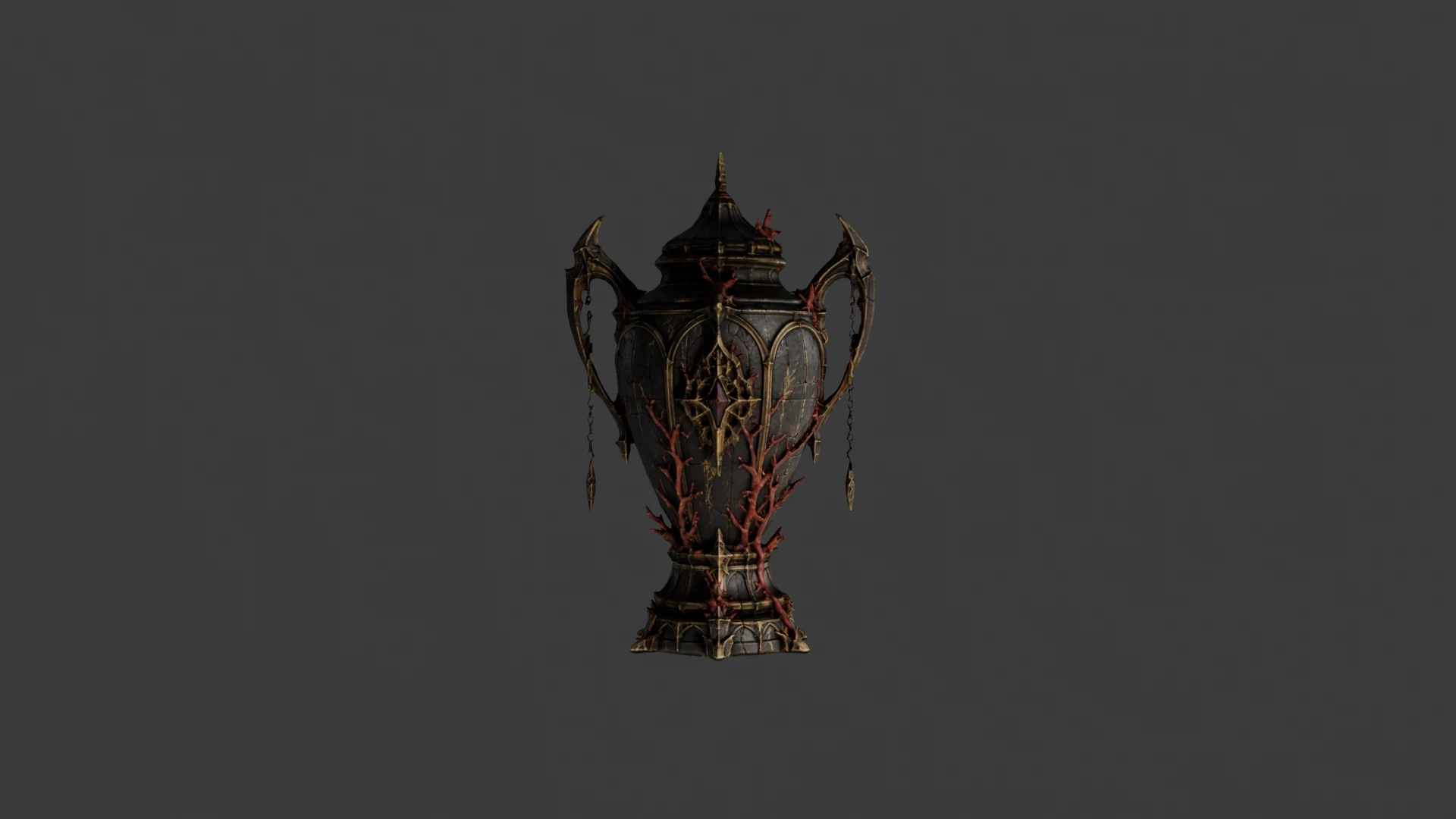 Ornate fantasy vase with red branching details
